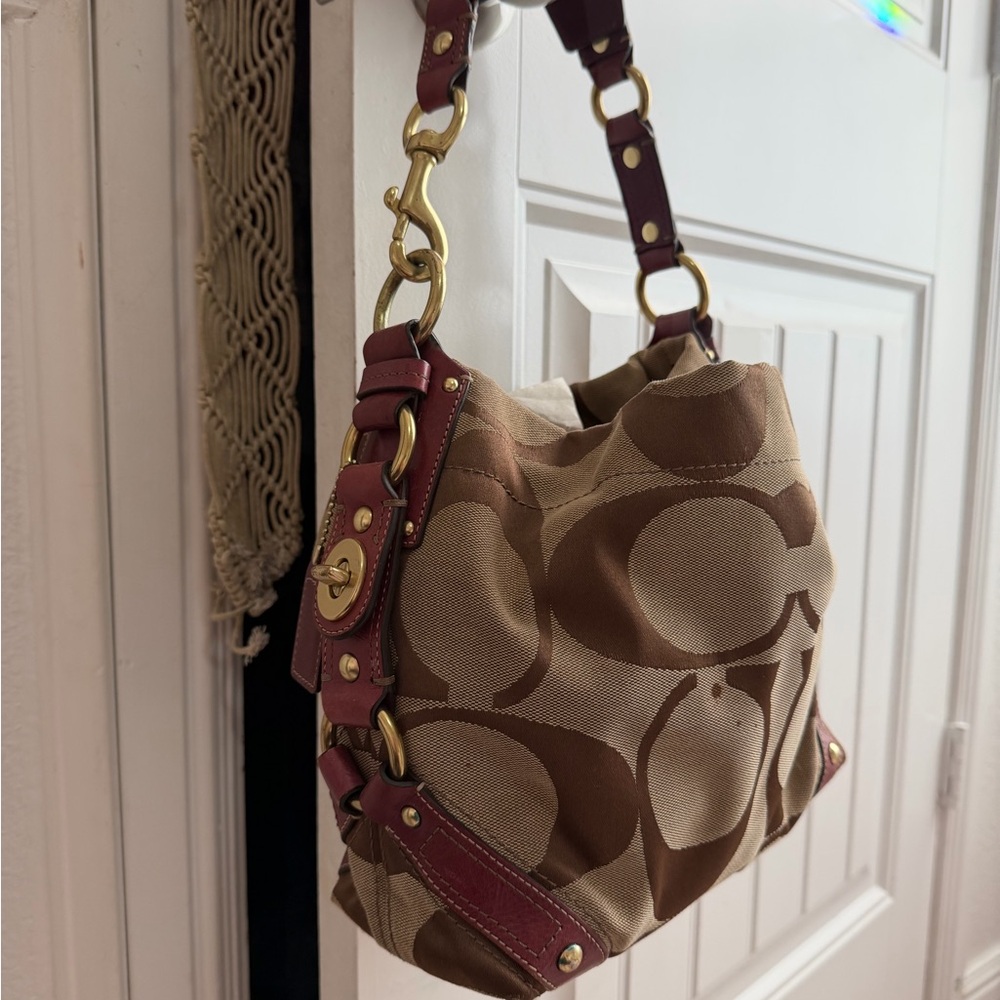 Coach Brown Signature Canvas Shoulder Bag with Burgundy Trim carly